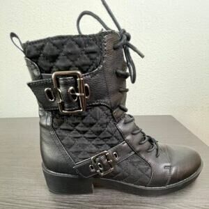 Rocket Dog Pearly Womens Combat Boots 9.5 Black Quilted Lace Up Buckle Moto Zip